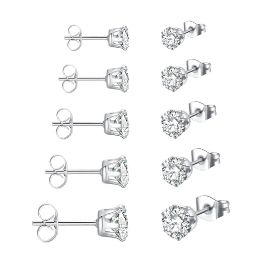 Sterling Silver Stud Earrings for Women 5 Pairs Hypoallergenic Stud Earrings Set Cubic Zirconia Earrings Studs for Women Men Jewelry Gift