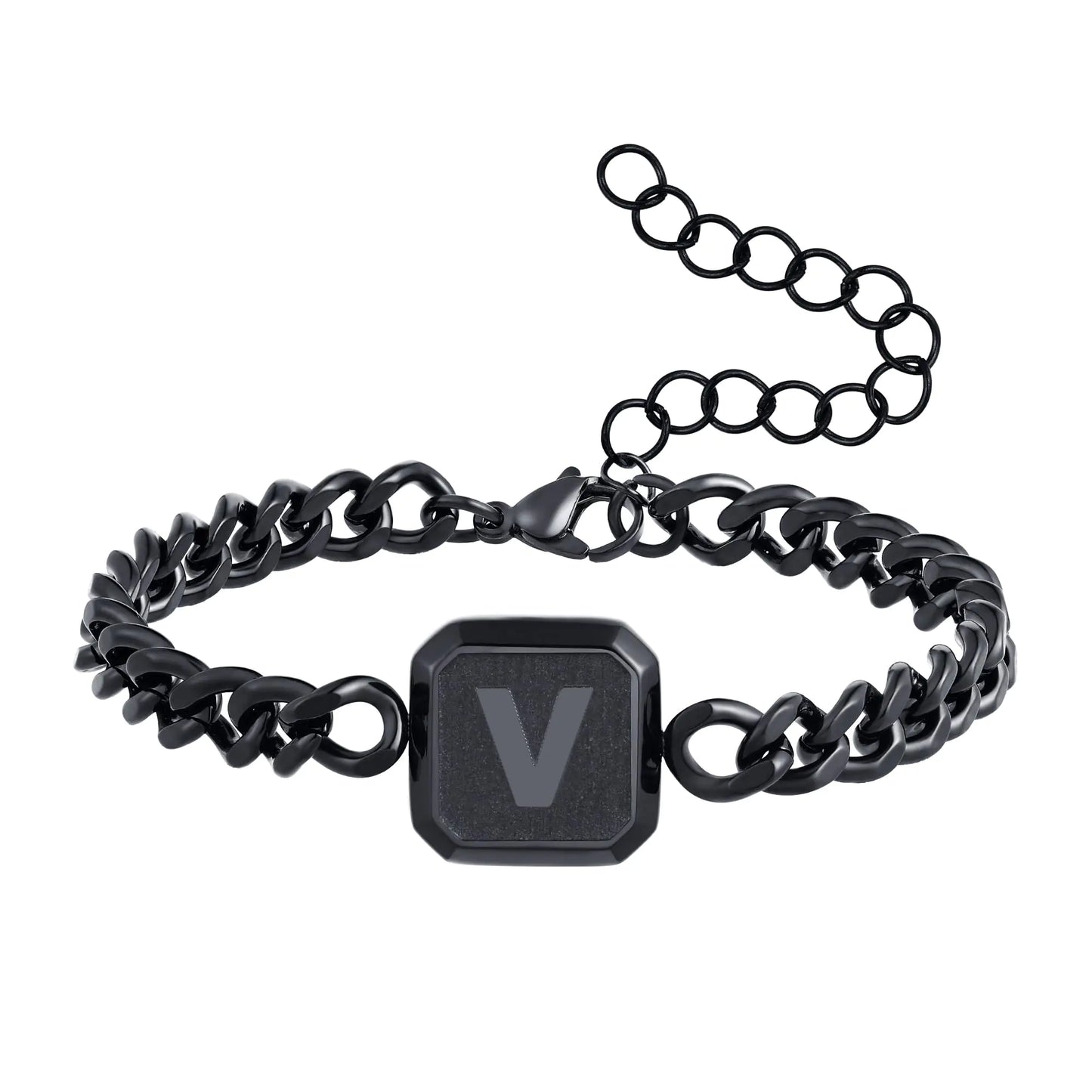 Initial Bracelet Black Squre A-Z Letter Cuban Link Chain Mens Bracelets Adjustable Size Stainless Steel Men Jewelry Gifts for Husband Dad Brother Son(Black V)