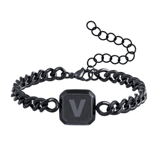 Initial Bracelet Black Squre A-Z Letter Cuban Link Chain Mens Bracelets Adjustable Size Stainless Steel Men Jewelry Gifts for Husband Dad Brother Son(Black V)