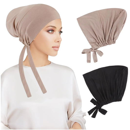PHOGARY 2 Pcs Women Hijab Undercap Islamic Muslim Under Hijab Cap Inner Under Scarf Hat Hijab Cap with Tie Back Closure Solid Color Underscarf Hijab Cap Turban Head Wraps for Women Chemo Sleep Cap B